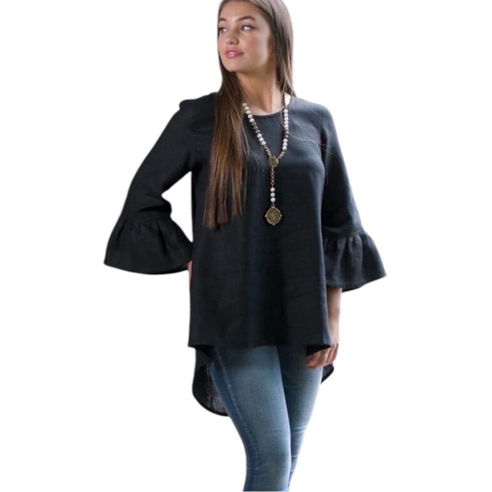 🩷 CrownLinenDesigns Made In Ukraine Bell 3/4 Sleeve Linen Black High low XS